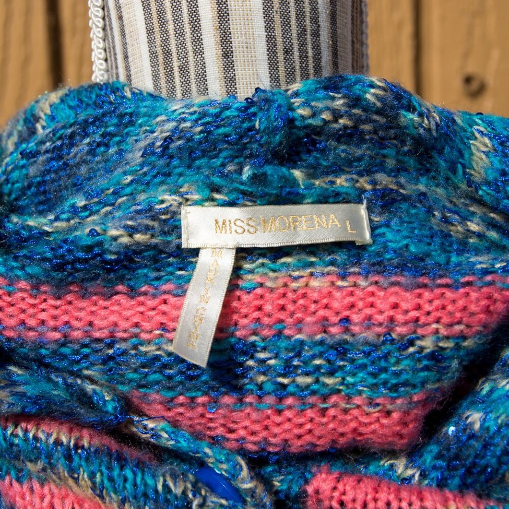 Miss Morena Hooded Cardigan Sweater Large Blue & Coral - Picture 7 of 8
